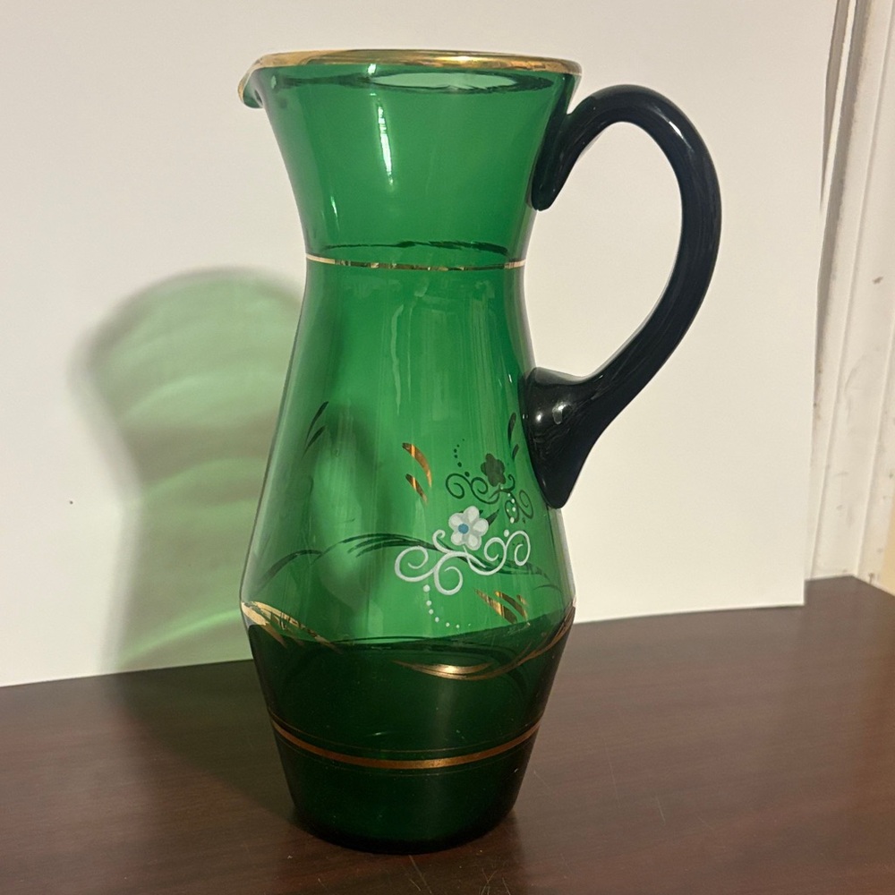 Green Glass Wine Pitcher with Black Handle 10”tall